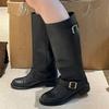 New Round Head Low Heel But Knee Boots Women's Versatile Belt Buckle Leather Knight Boots