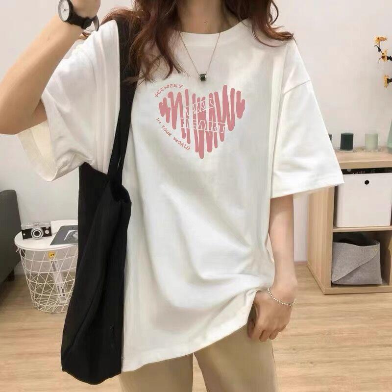 Women Plus Size Cotton T-Shirt Summer Short Sleeve Heart Print Mid-Long Loose Casual Pullover Top For 200lbs