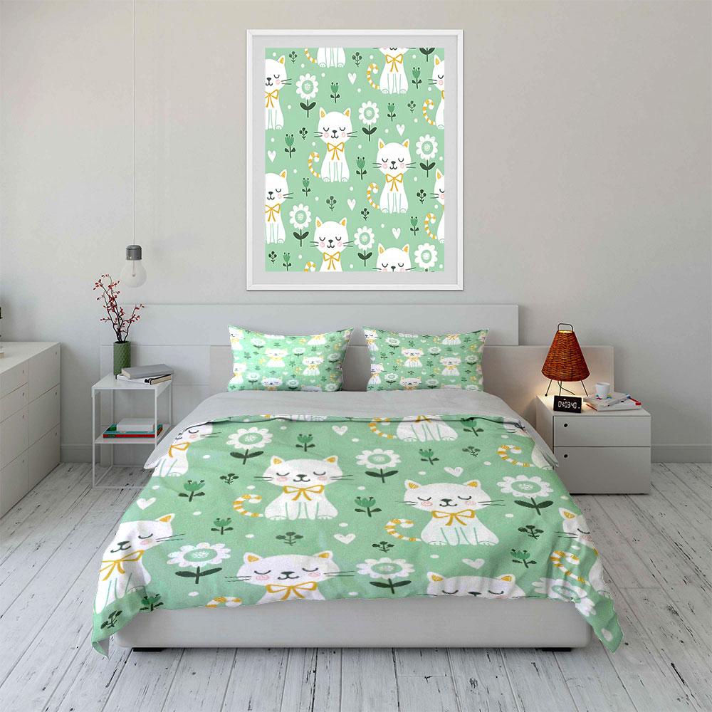 Cute Cats and Flowers Pattern Bedding Duvet Cover Set (1*Duvet Cover 2*Pillowcases, Without Duvet Insert)