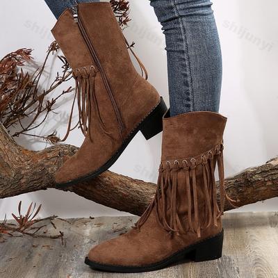 Women Boots Vintage Tassel High Heels Cowgirl 2026 Autumn Fashion Pointed Toe Denim Ankle Boots Woman Pleated Western Booties