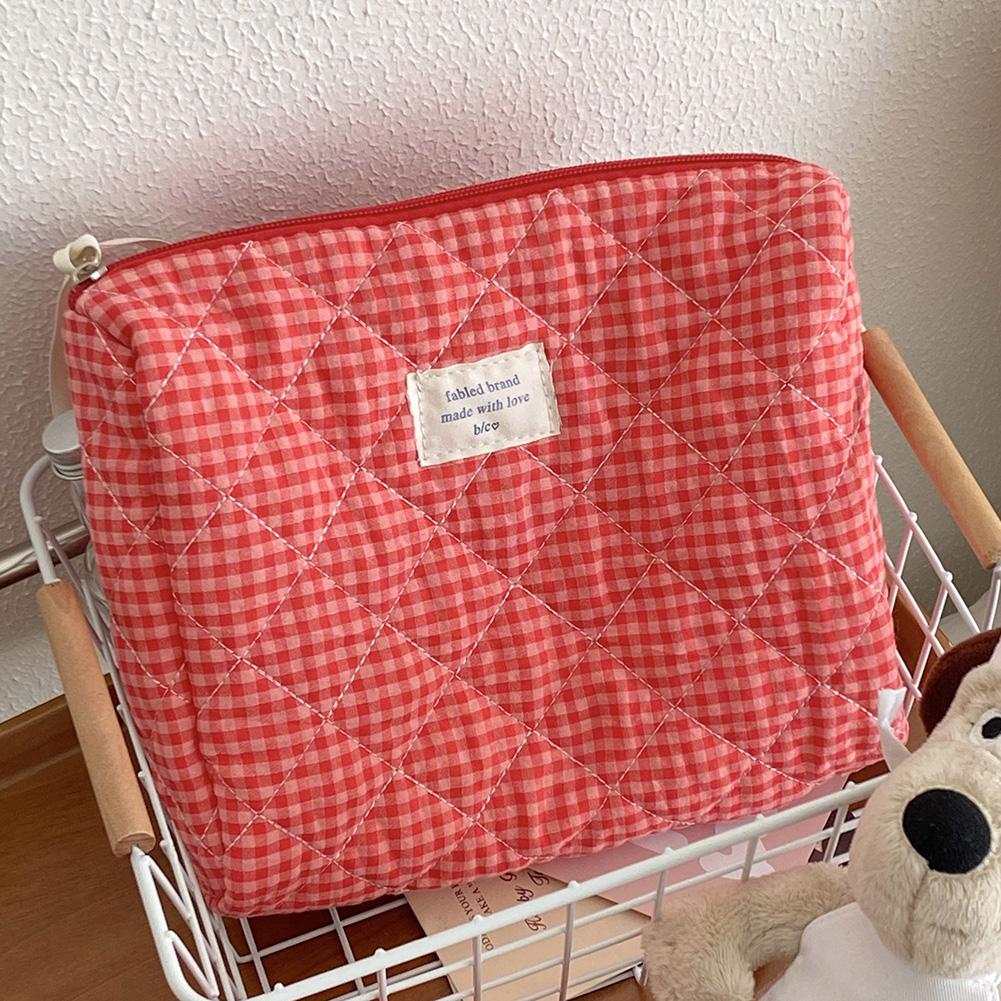 Women Checkered Makeup Bag Fashion Sweet Cotton Makeup Brushes Storage Bag Soft Fabric Organizer Pouch Cute Travel Toiletry Bag