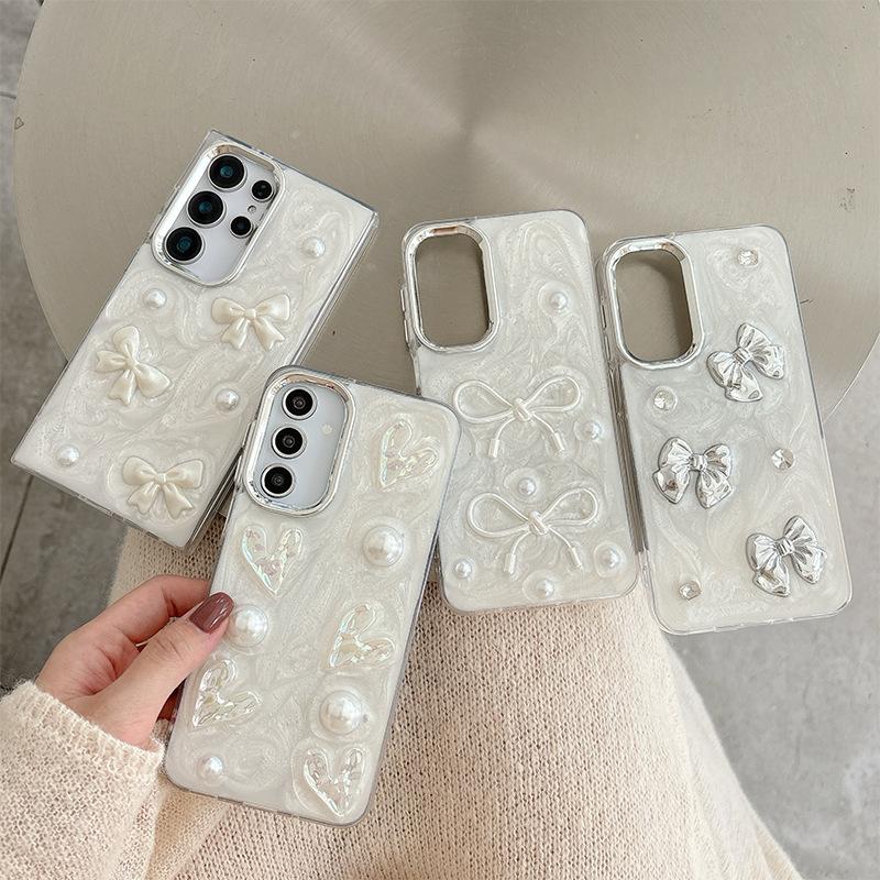 Samsung S24Ultra Mobile Phone Case Is Suitable For S25Plus Bow Pearl Love A16 Glitter S23Fe Women'S Models