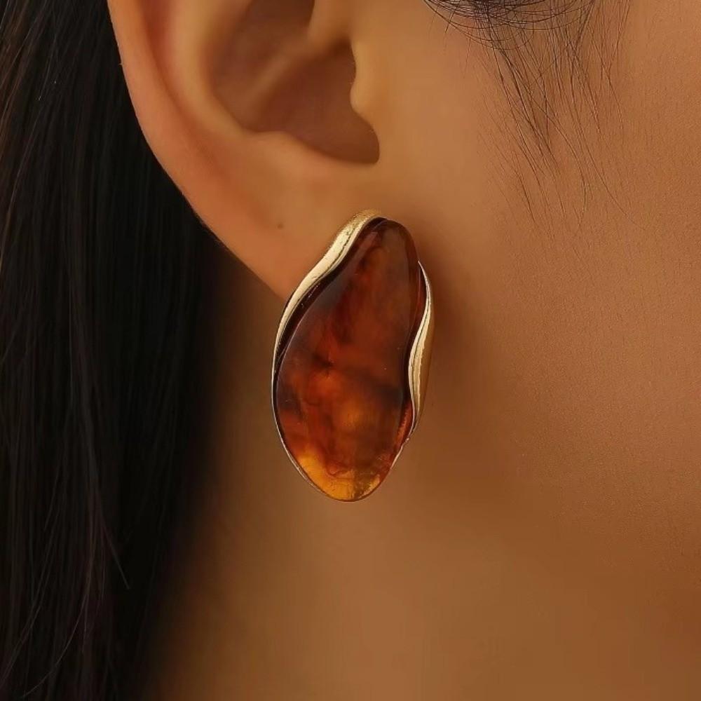 Retro Colorful Resin Earrings Irregular Alloy Geometric Earrings Maillard Style Resin Gold-plated Ear Studs Y2K