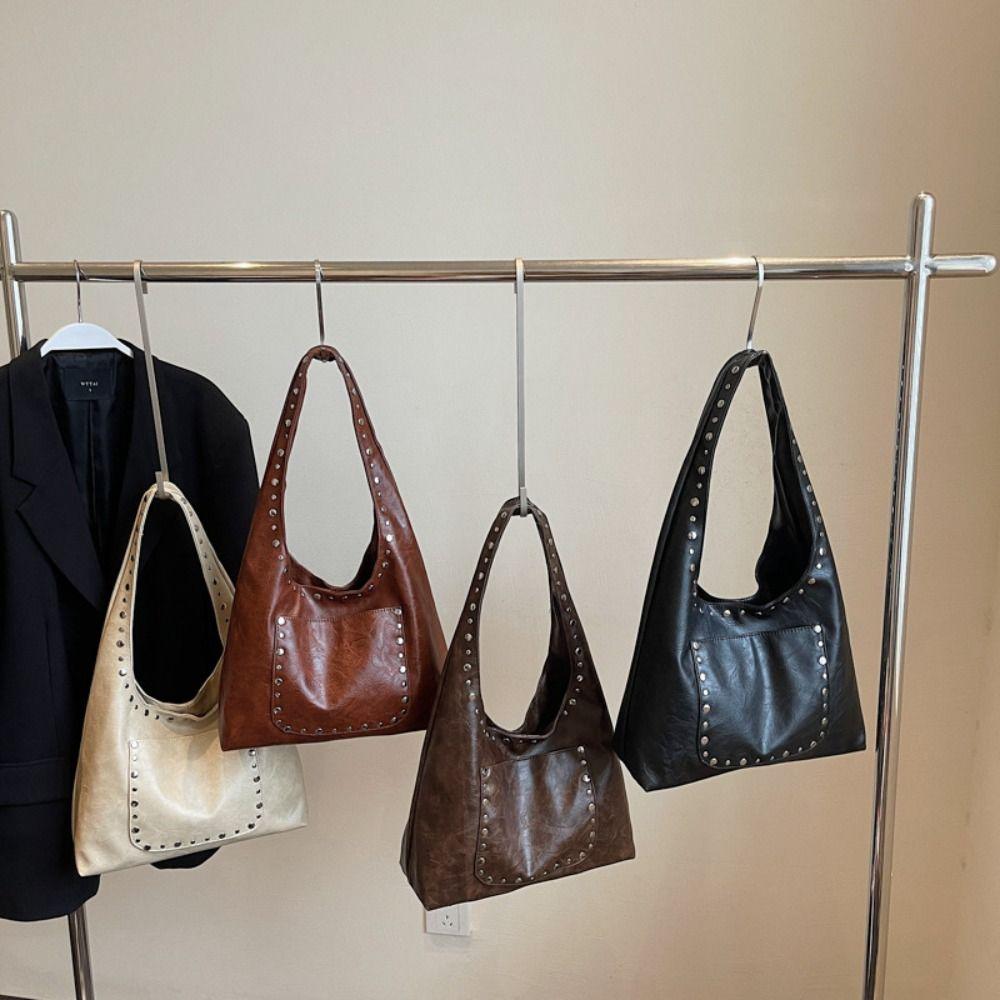 Trend Y2K Retro Rivet Shoulder Bag Oil Wax Leather Multi-pocket Vintage Underarm Bag Fashion Spicy Girl Motorcycle Bag Girls