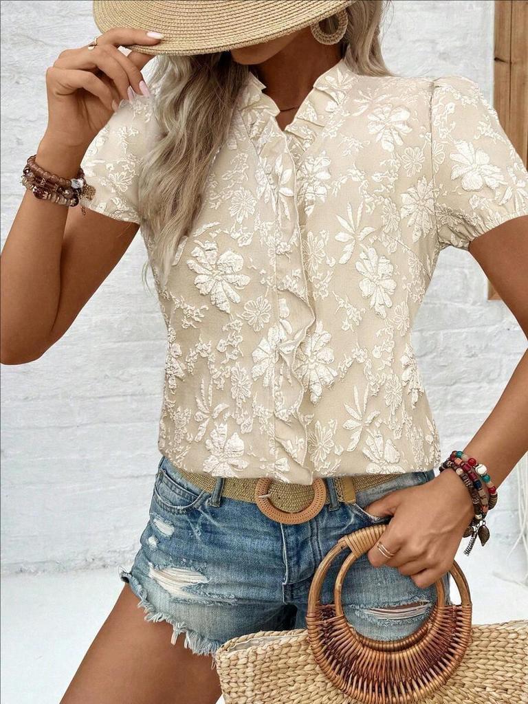 Summer 2026 Women's Ruffle Jacquard Short-Sleeve Pullover Shirt