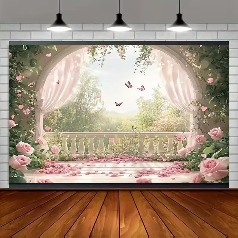 Rosa Rose Balkon-Wandteppich, Romantischer Blumiger Schmetterlings-Hintergrundstoff, Hochzeitsfeier-Kulisse
