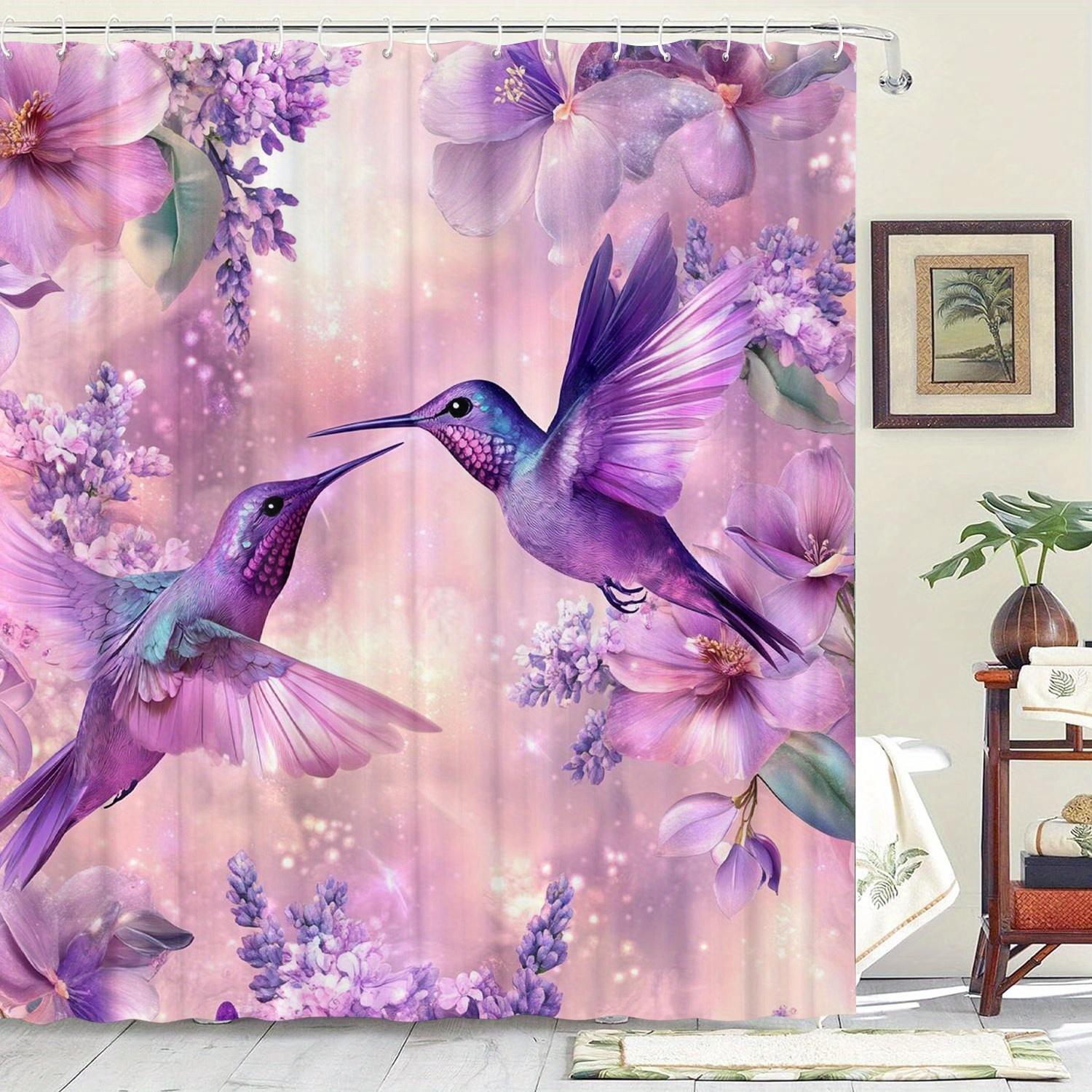 

Waterproof Hummingbird Shower Curtain with 12 Hooks - Purple Floral Pattern Print Art Bathroom Decor - Machine Washable 90X180cm