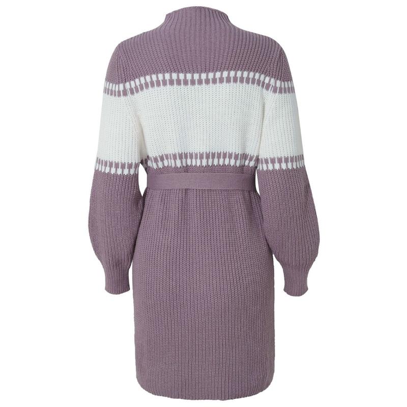 Spring Fall Patchwork Above Knee Mini Knitting Sweater Dress Women Casual Straight Half High Collar Full Lantern Sleeve Loose Waist Bandage S-XL