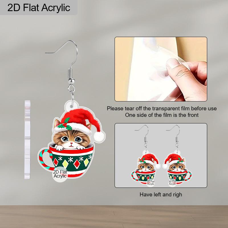2D Flat Christmas-themed Women's Dangling Earrings, Colorful Christmas Earrings, Christmas Hat Cup Cat, Christmas Party Jewelry Gifts