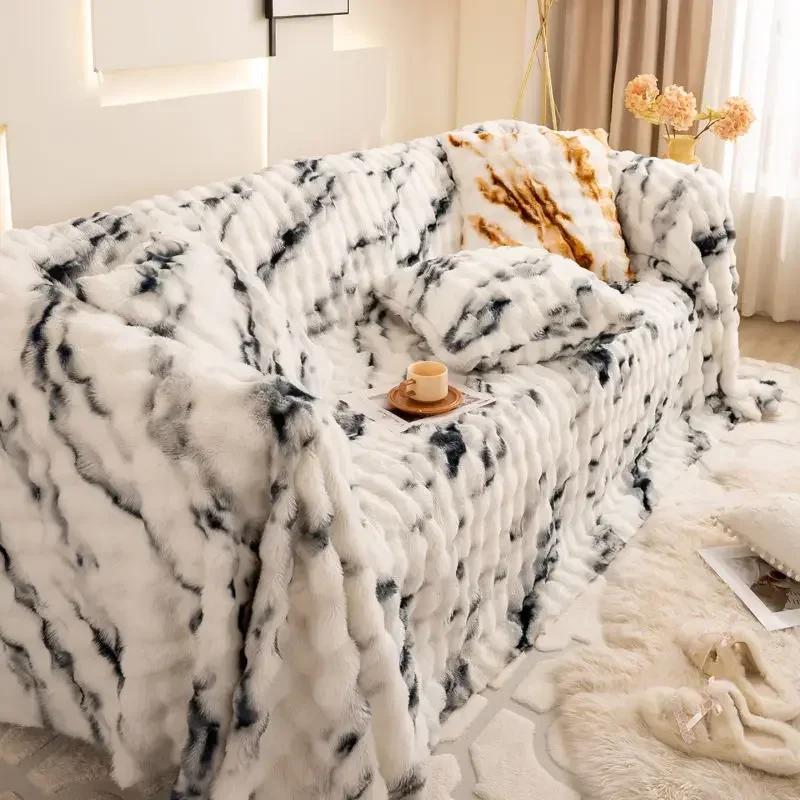 Rabbit Plush Large Sofa Anti Slip Cover Cloth Thick Winter All Inclusive Sofa Cushion Anti Cat Scratch Universal Cover Blanket