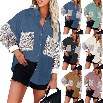 Winter Corduroy Coat Leopard Print Casual Lapel Buttoned Shirt Women Outerwear