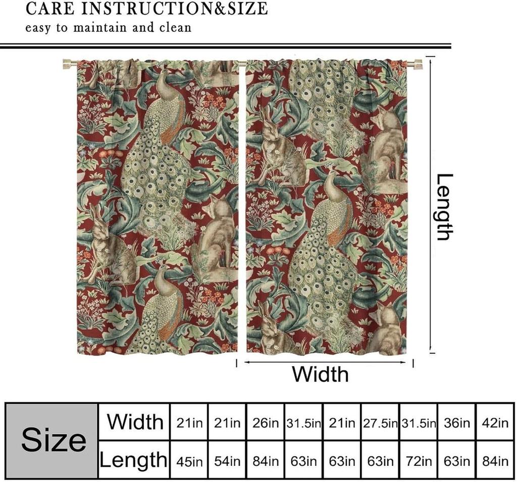 Vintage William Morris Wildlife Blackout Window Curtains   Rustic Boho Animal Plant Window Drapes   for Living Room Bedroom 21(W)*