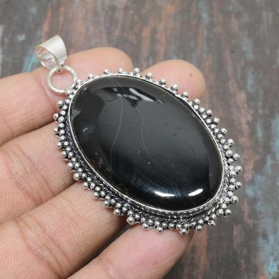 Black Onyx Gemstone Handmade Jewelry 925 Sterling Silver Pendant For Her