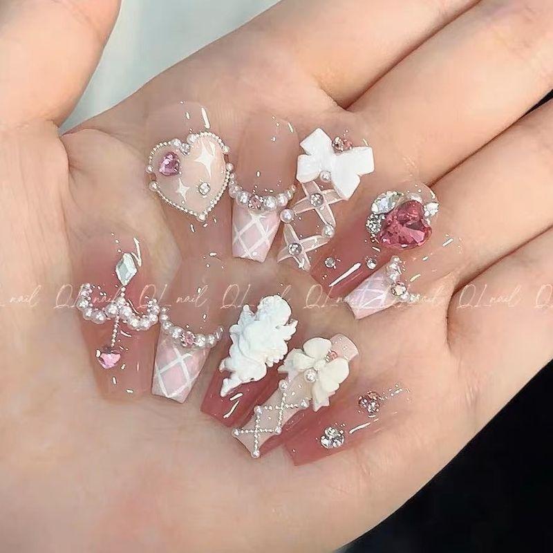 

Spring God of Love | Handmade Wear Nail Ballet Ribbon Blush Blooming White Nail Stickers 2025 New Arrival Blush blooming check-XS size