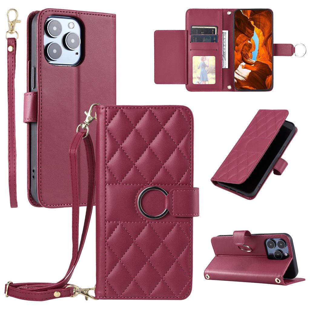 For iPhone 13 Pro Max Crossbody Leather Case Ring Buckle Wallet Stand Rhombus Mobile Cover