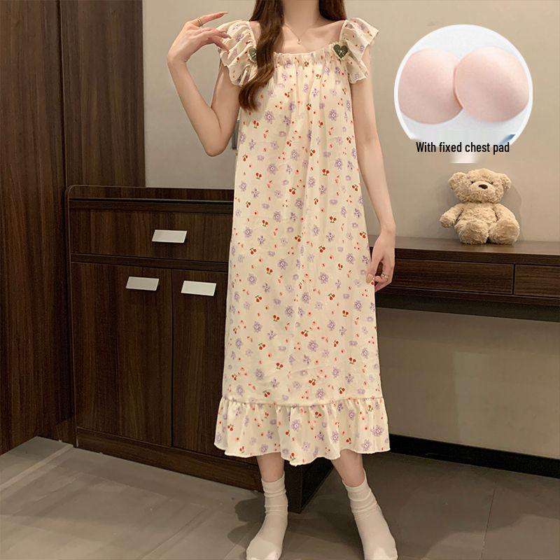 Women's Sweet Fairy Style Thin Cloud Cotton Camisole Nightgown with Built-in Bra for Indoor and Outdoor Wear