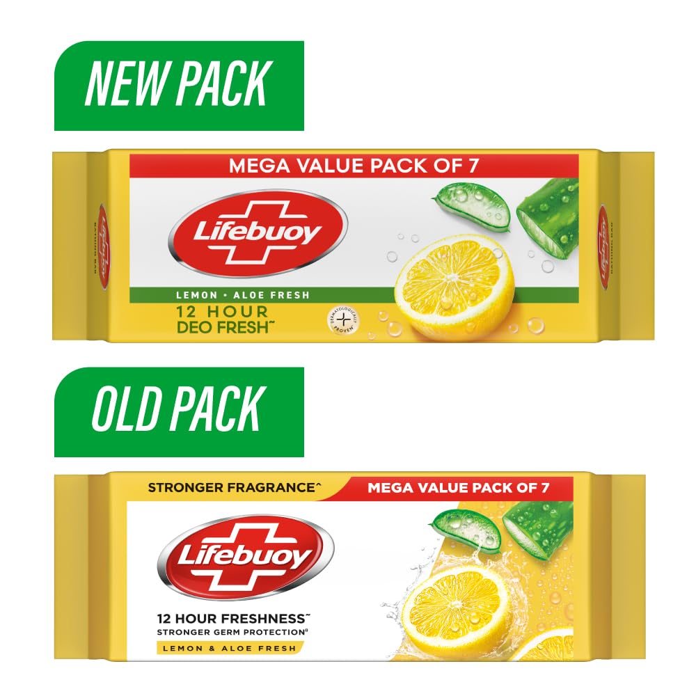 LIFEBUOY Zitronenfrische Seifenstück Packung mit 1 MIT 125G X 7 Seife (insgesamt 875g) Seifenstücke für erfrischendes Bad und Geruchskontrolle, sanfte Reinigung
