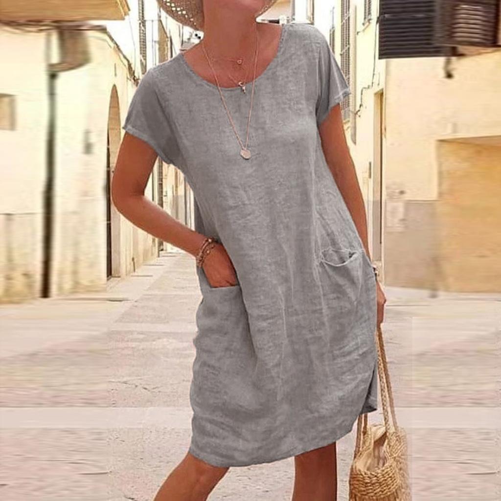 Women's Casual Color Stitching Short Sleeve Round Neck Large Swing Loose Pocket Cotton And Linen Dress