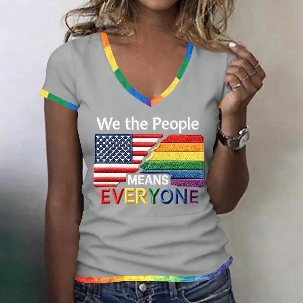 Women's Casual V Neck Short Sleeve T Shirt Patriotic Independence Day Printed Tee Top Lightweight Comfortable Fit