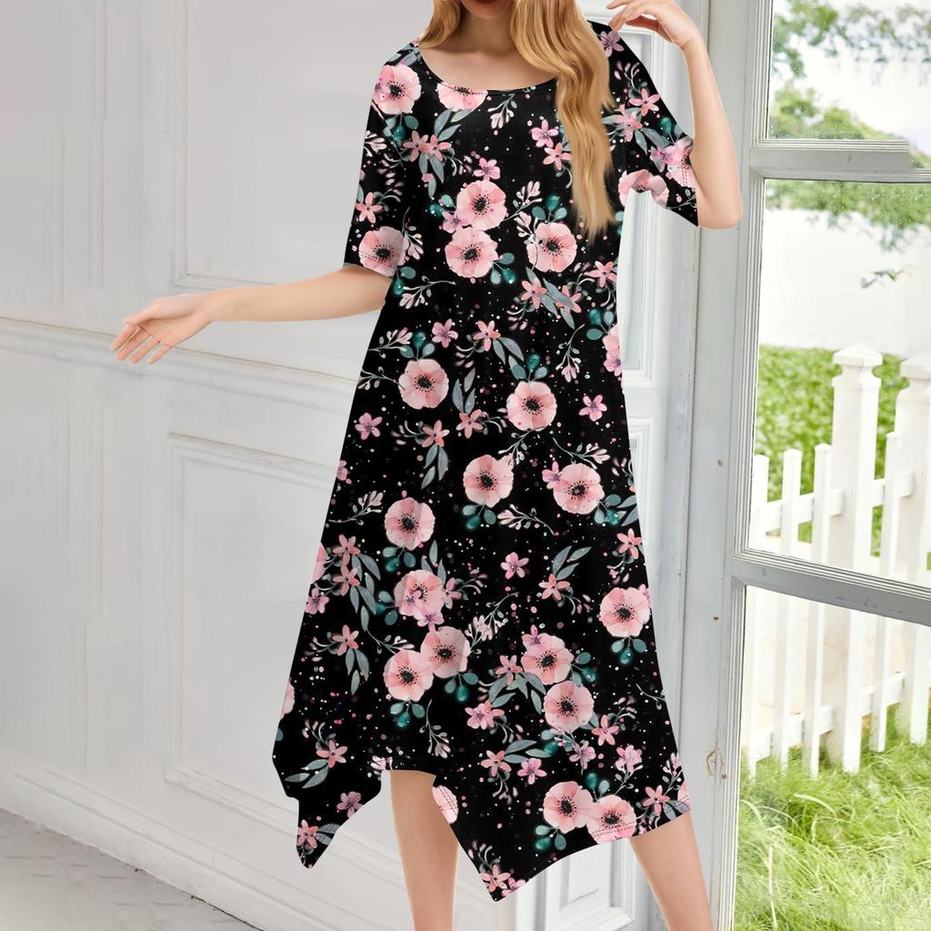Damen Casual Mode Rundhals Kurzarm Druck Unregelmäßiger Saum Midi-Kleid