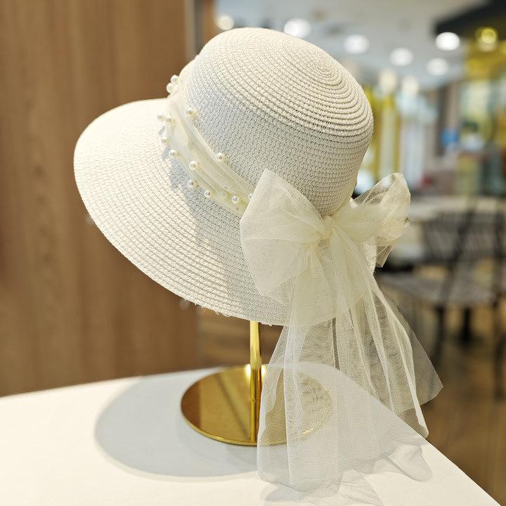 

Straw Sun Hat Women Wide Brim UV Protection Foldable Breathable Sun Cap with Pearl & Bow Decoration for Beach Vacation 56-58cm