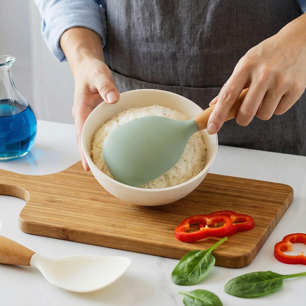 Non-stick Silicone Rice Spoon with Anti-slip, Heat-resistant Wooden Handle