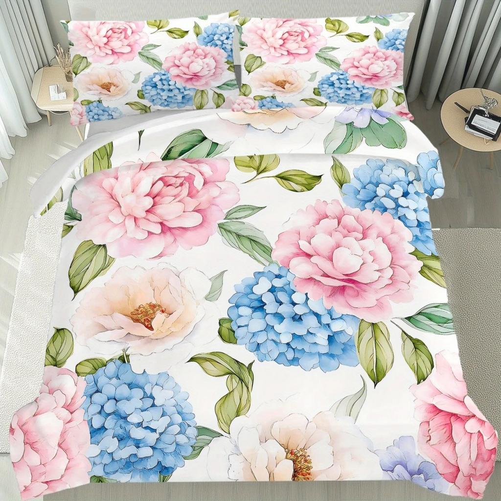 Dopamin Buntes Blumenmuster Romantischer Bettbezug Queen King Size Frühling Blumenmuster Bettwäscheset Raumdeko 3-teiliges Set Ohne Steppdecke