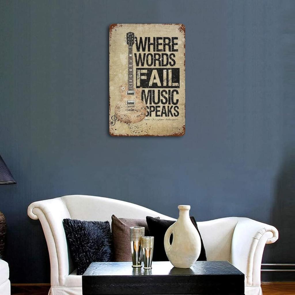 LEIZENTIN Vintage Tin Sign Guitar Where Words Fail Music Speaks Home Bar Poster Wall Decor Retro Metal Sign 8x12inch