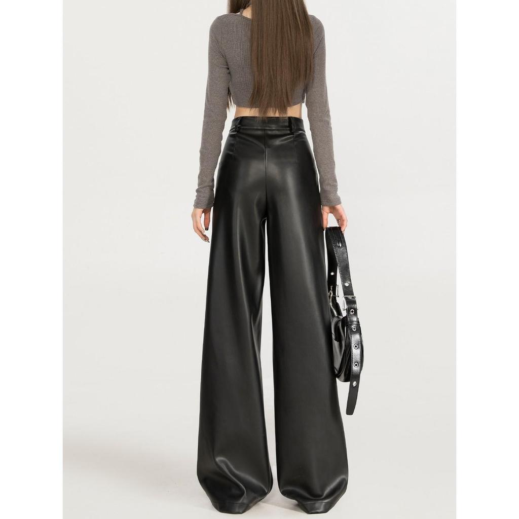 Korean Style Versatile Leather Wide-Leg Pants for Curvy Women - High Waist, Slimming, Black, Spring/Autumn.