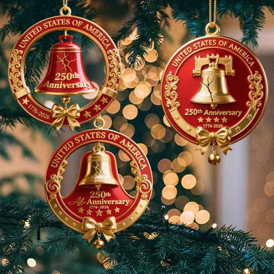 3Pcs Christmas Tree Pendant U.S. 250th Anniversary Bell Ornament Festive Atmosphere Creators with Hanging Rope