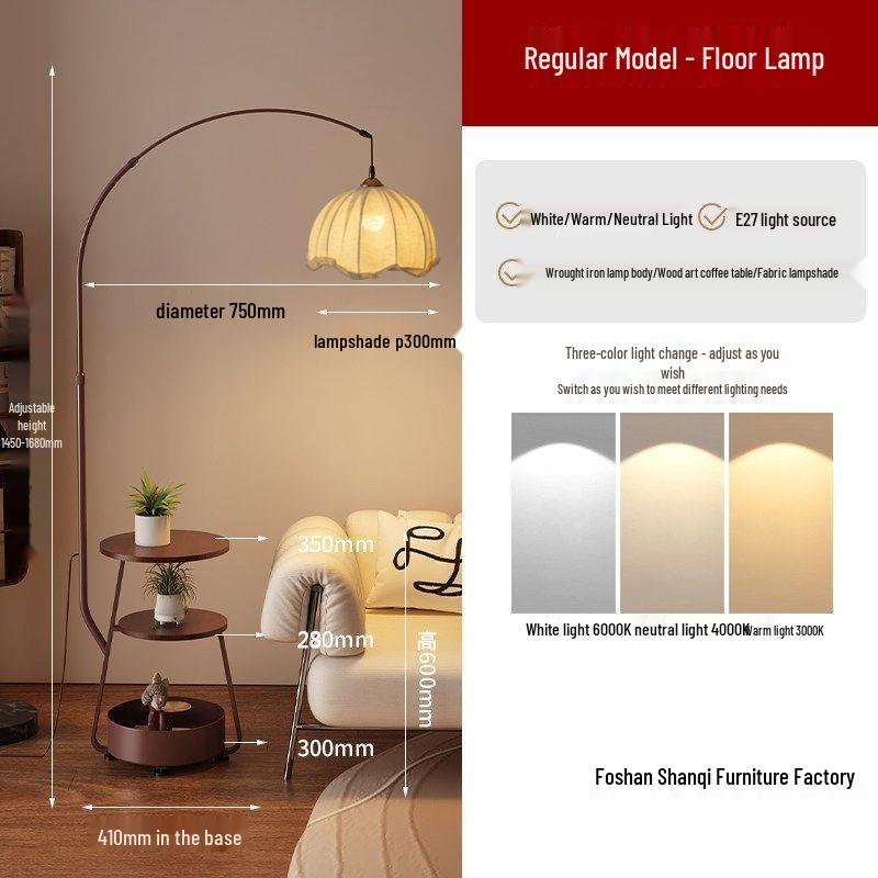 Antique-Style Floor Lamp with Integrated Coffee Table and Storage Rack