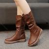 Fashion Women Autumn Winter Mid Calf Boots Round Toe Zipper Pleated Thick Bottom Leather Casual Women's Shoes Black Brown Botas