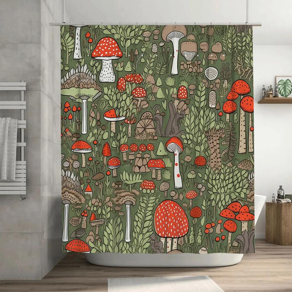 Green Mushroom Bath Mat Creative Mushroom Shower Curtain with Leaf Design for Bathroom Decor in Green Red Colors |