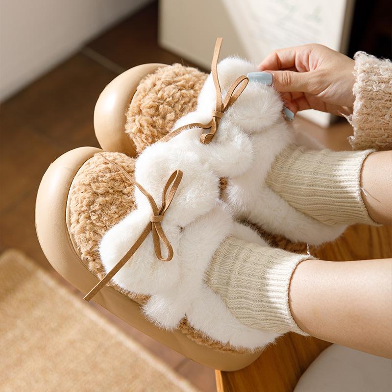 Heel cotton slippers autumn and winter cute bow indoor floor thick bottom fluffy EVA cotton shoes can be worn outside