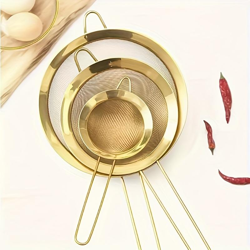 3pcs Gold-colored Fine Mesh Flour Sieve Kitchen Skimmer Baking Tool Kitchen Accessories Kitchen Tools, Restaurant Tools