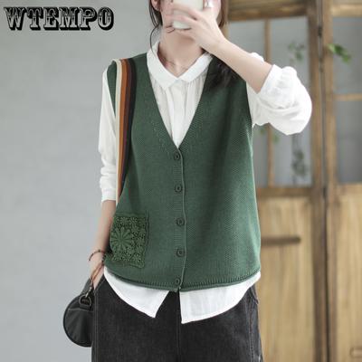 Gilet en tricot décontracté à simple boutonnage pour femme, vêtement vintage brodé à col en V, printemps-automne