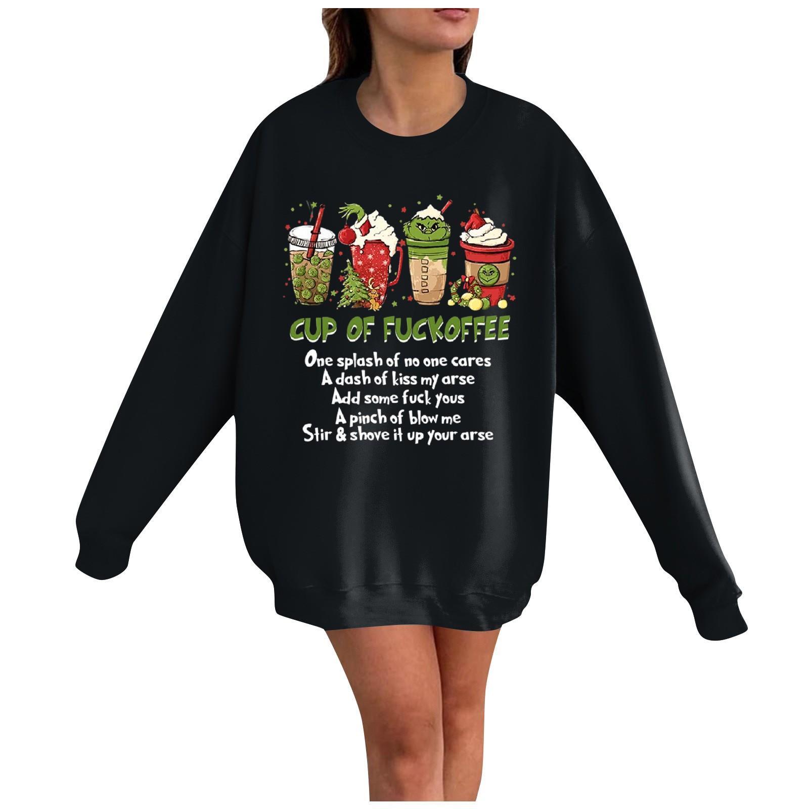 

Женский повседневный модный рождественский принт с длинным рукавом и круглым вырезом, пуловер, топ XL чёрный