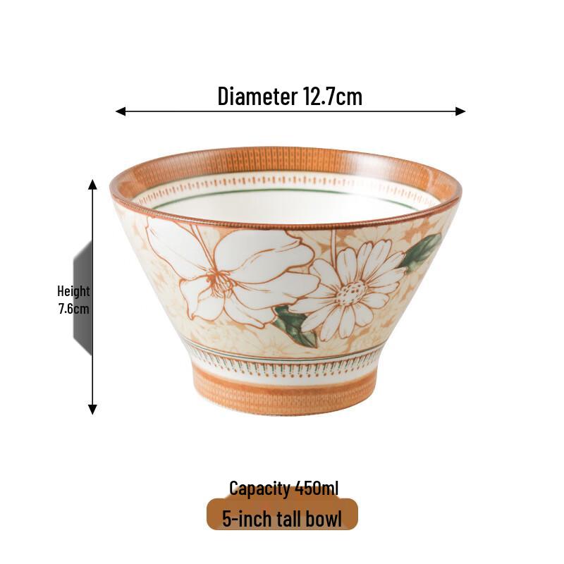 Mi Ling Camellia Underglaze 5-inch High-Footed Ceramic Rice Bowls, Set of 2
