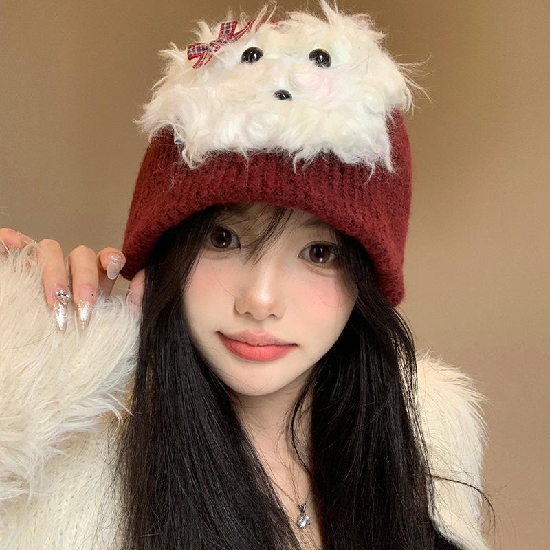 Cute Blush Plush Puppy Red Woolen Hat for Women Autumn and Winter Warm Pullover Hat Versatile Hat Trendy