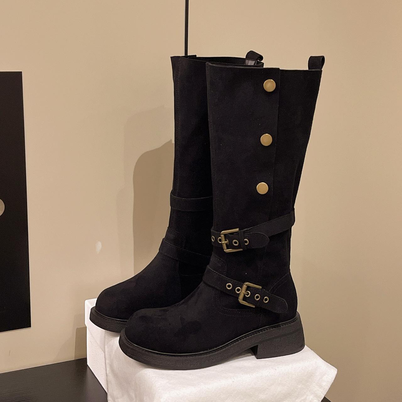 

Black retro British style two-wearing boots for women s 2025 autumn new thick-soled high-tube boots that increase the height but knee boots 35 чёрный