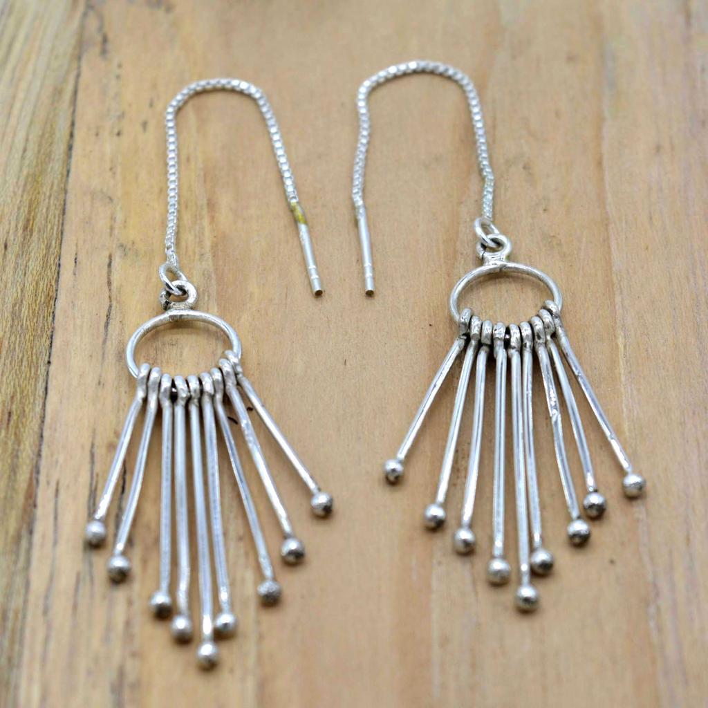 Tassel Drop Dangle 925 Silver Women Earrings, Fringe Ethnic Handmade Threader Earrings