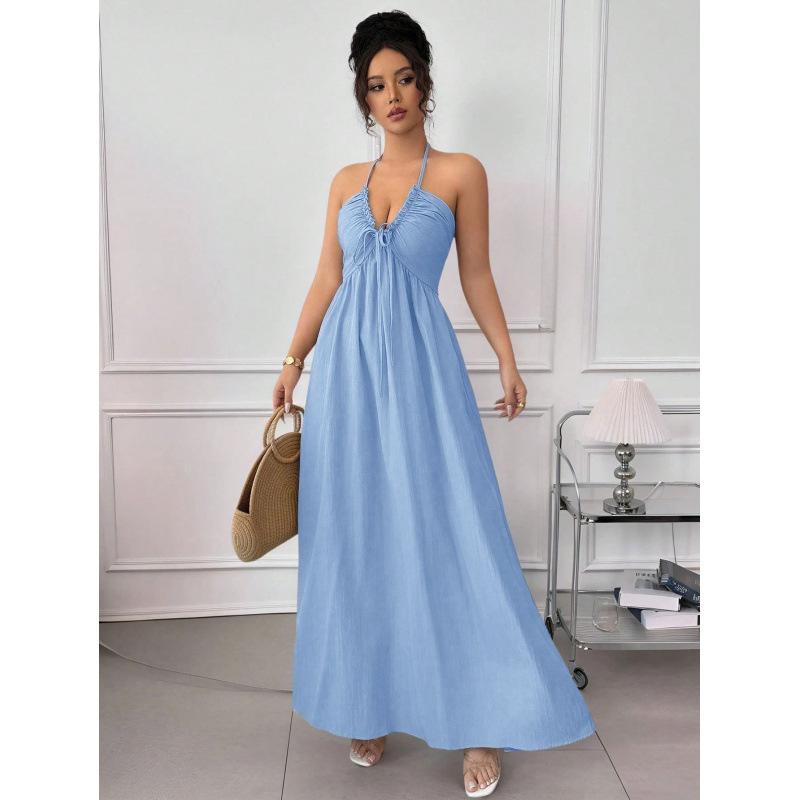 Summer new blue neck halter dress waist thin seaside vacation gentle wind