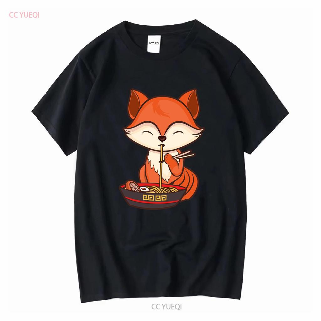 Fox Eating Ramen Kawaii T Shirt Japanese Cute Lovely Long or Short Sleeves Vintage Washed Unisex Casual Slightly Versatile