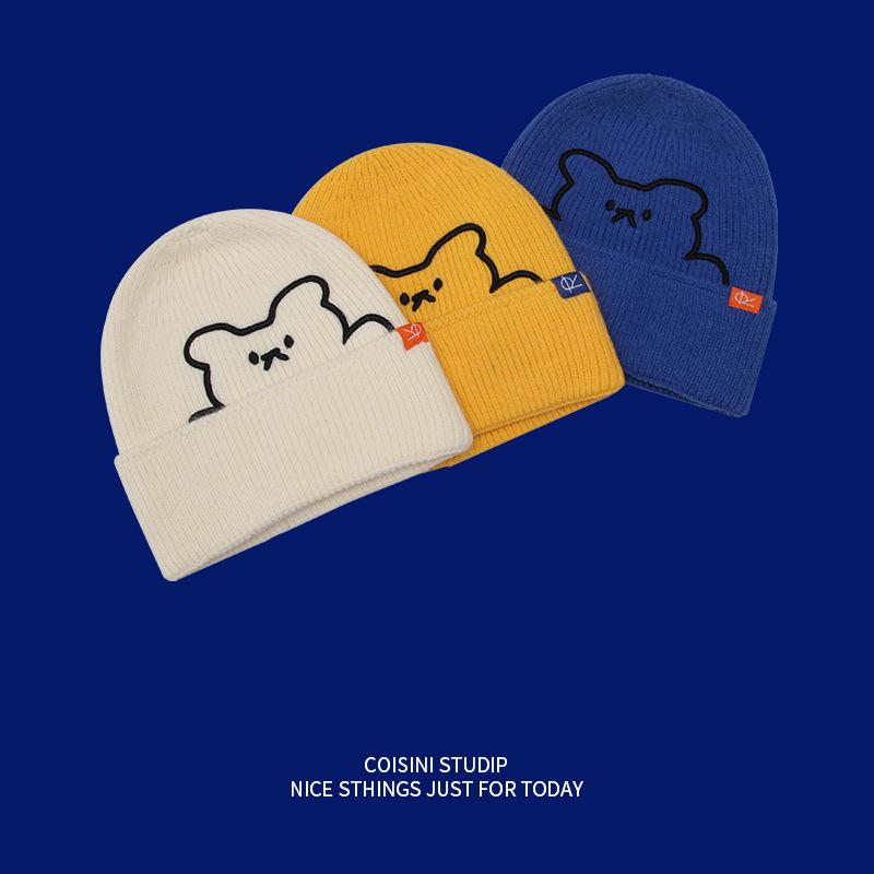 New cute bear embroidered wool hat women's autumn and winter warm ear protection cloth label knitted hat men's versatile women