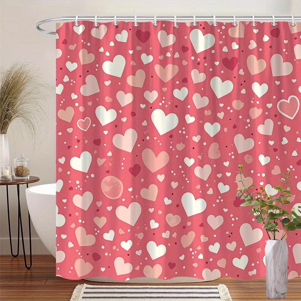 

Whimsical Heart Shower Curtain, White & Pink Hearts on Coral, Romantic Bathroom Decor, 12 Hooks, Washable Polyester W90xH180cm