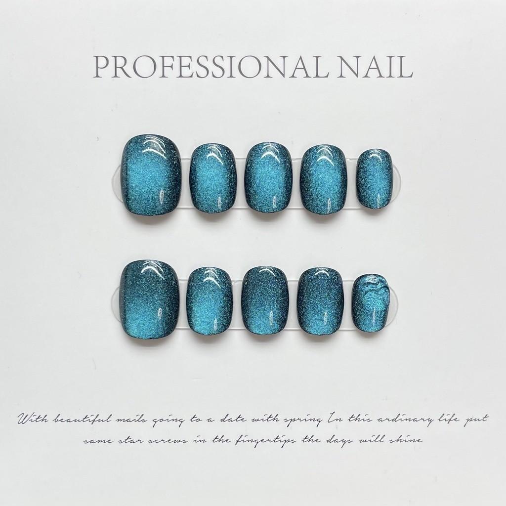 100% HANDMADE Short Round Fake Nail Set With Glue Star Ice Cream Blue&Yellow Cute gentle summer spring sea ocean diamond press on Nails Reusable