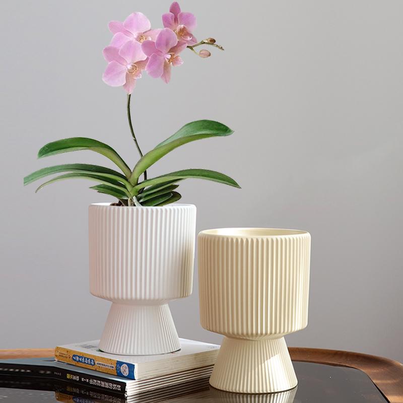 Nordic Ceramic Flower Pot with Tray - High-Footed Vertical Stripes for Indoor/ Balcony, Ideal for Pothos and Orchids.