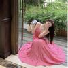 Pink Sweet First Love Dating Dress Summer Backless Design Feeling Waist and Thin Temperament Gentle Medium and Long Skirt