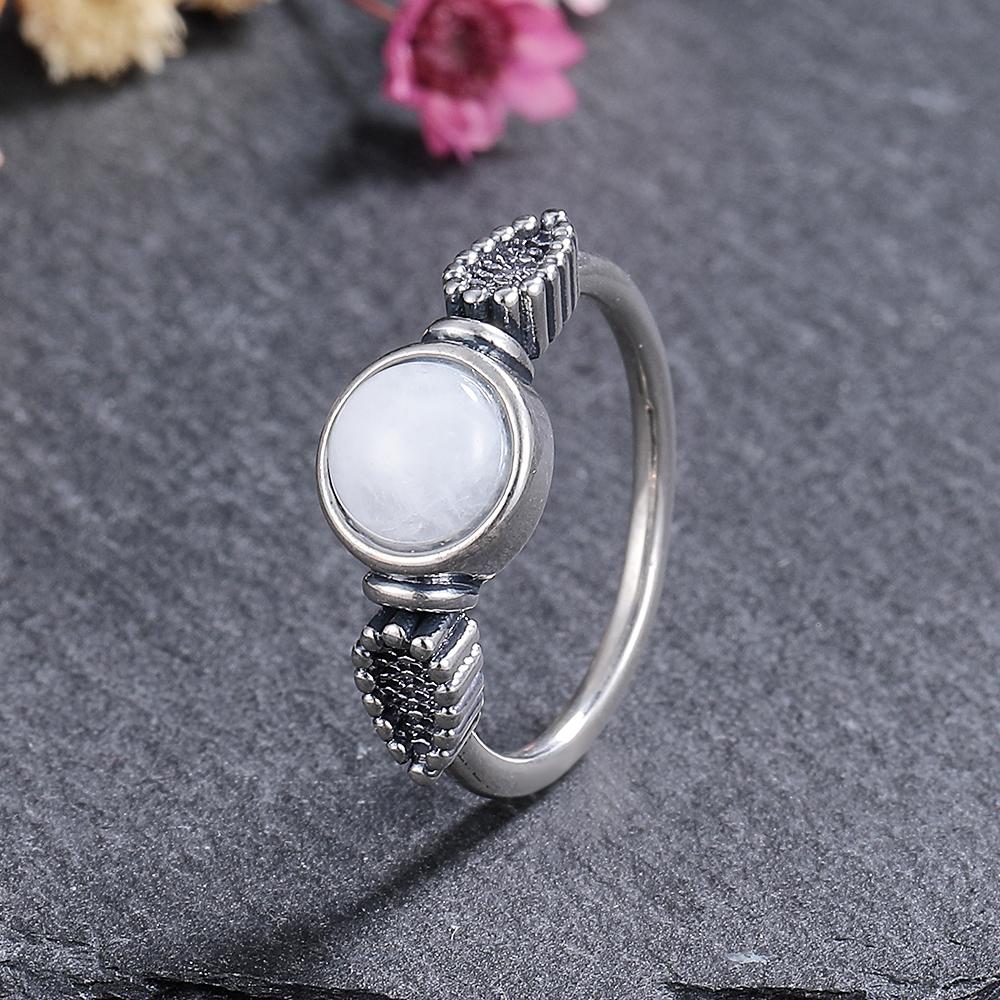 Silver Ring  6.5mm Moonstone Retro Silver Ring Boutique  Women Valentine's Day Birthday Anniversary Gift