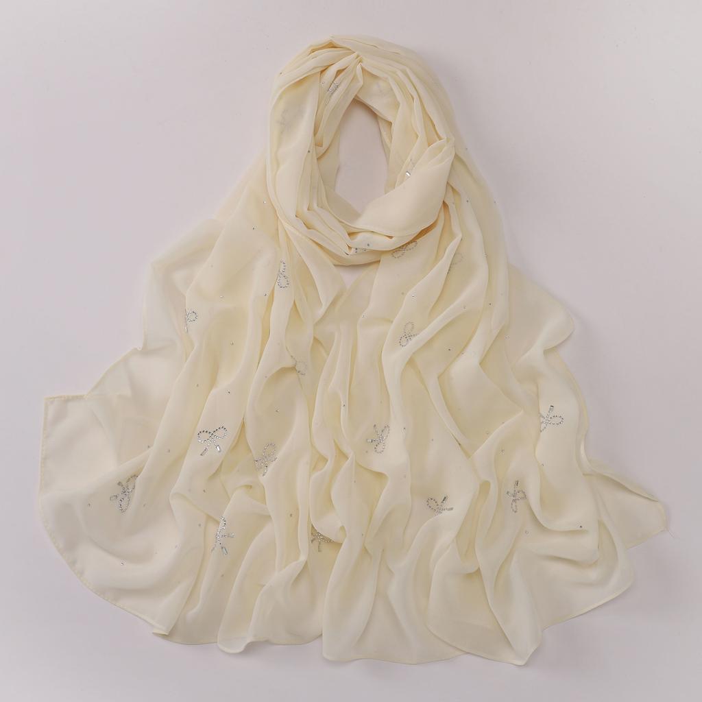 Pearl Chiffon Starry Bow Rhinestone Long Scarf Muslim Women Headscarf